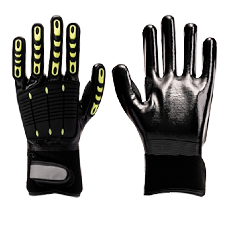 13G polyesterikuituvuori, täysin nitriilipinnoitettu, ompelu PVC selässä, tarranauha neuleranteessa